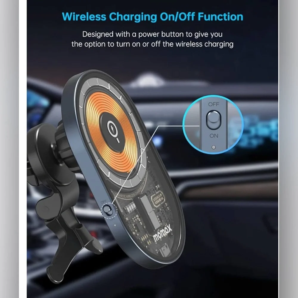MOMAX Magnetic Wireless Charging Car Charger Mag-Safe Compatible Air Vent Mount